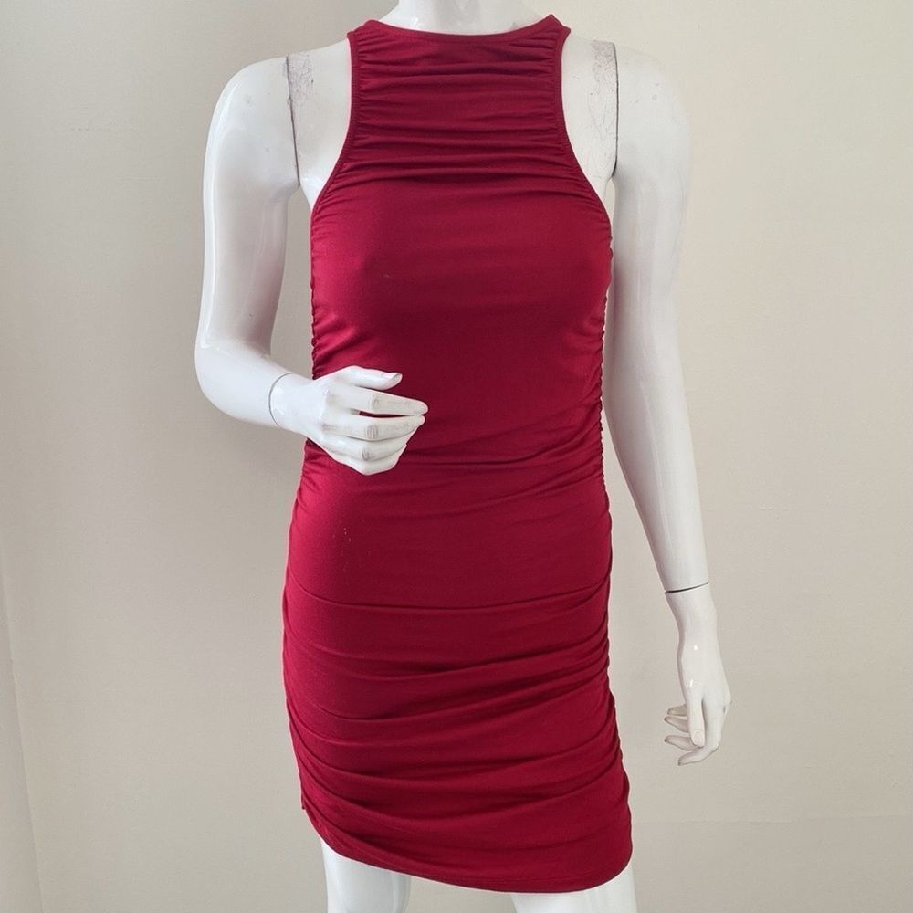 Rachel Pally Red High Neck Racerback Sleeveless Dress w Ruching on Sides